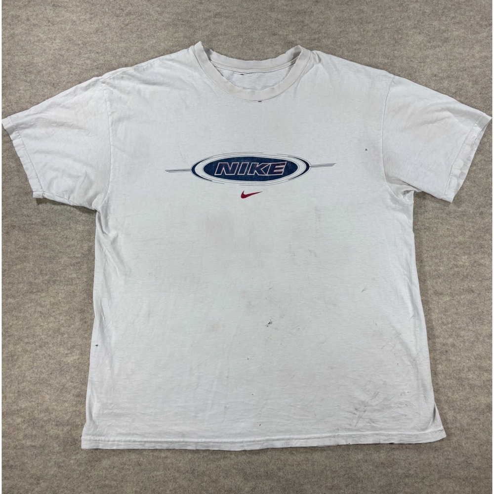 Y2K Nike Graphic T-Shirt White Distressed Oval Logo Swoosh Mens XL Cut tag